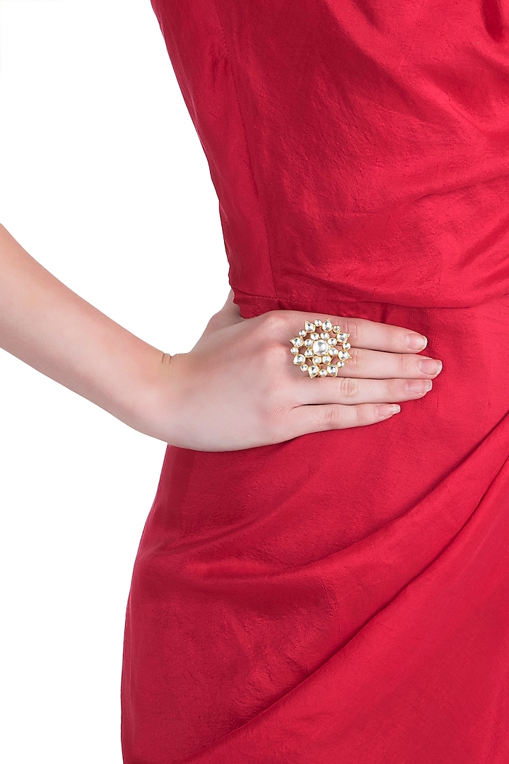 Gold plated white jadtar ring by RIANA JEWELLERY