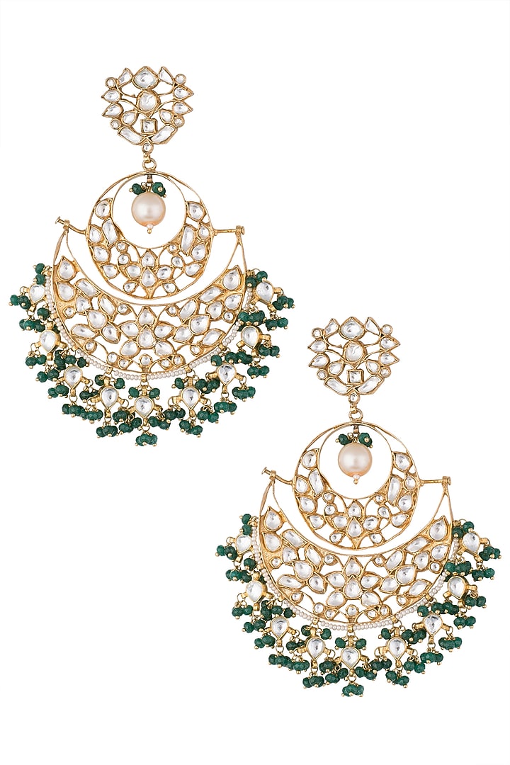 Gold plated green bead chandbali earrings available only at Pernia's Pop Up Shop.