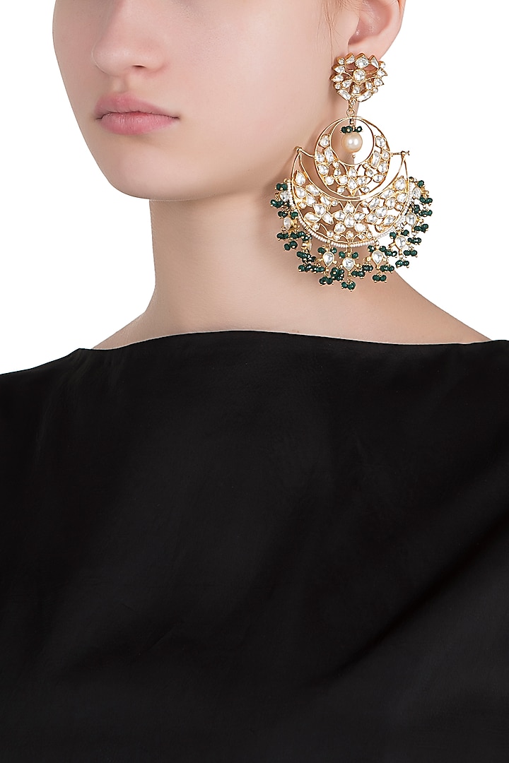 Gold plated green bead chandbali earrings by RIANA JEWELLERY