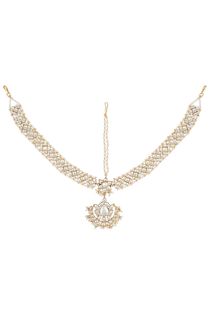 Gold plated white stone mathapatti by Riana Jewellery at Pernia's Pop Up Shop