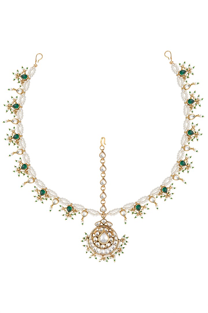Gold plated pearl and green stone mathapatti by Riana Jewellery at Pernia's Pop Up Shop