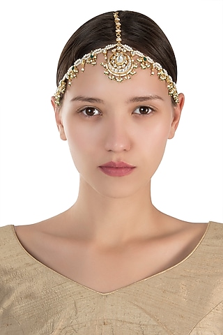 Gold plated pearl and green stone mathapatti by Riana Jewellery