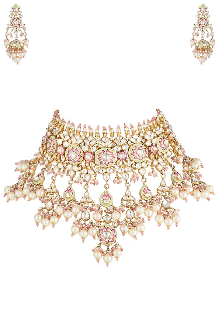 Gold plated meenakari necklace set by Riana Jewellery at Pernia's Pop Up Shop
