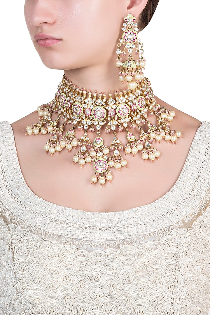 Gold plated meenakari necklace set by Riana Jewellery at Pernia's Pop Up Shop