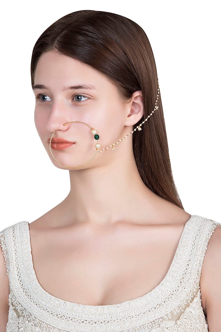 Gold plated green beads and pearl nose ring by Riana Jewellery