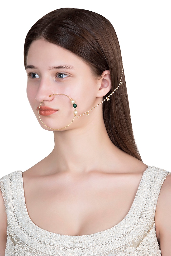 Gold plated green beads and pearl nose ring by Riana Jewellery at Pernia's Pop Up Shop