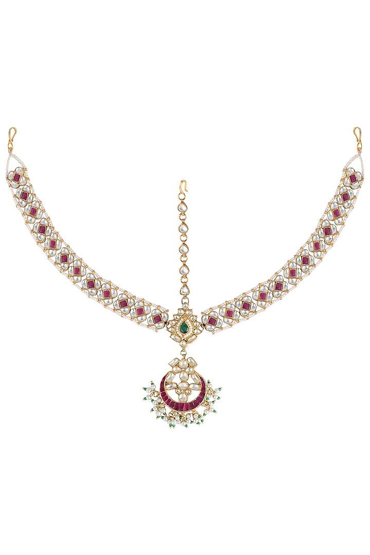 Gold plated pink and white stone mathapatti by Riana Jewellery at Pernia's Pop Up Shop
