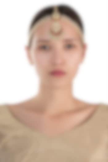 Gold plated pink and white stone mathapatti by Riana Jewellery at Pernia's Pop Up Shop