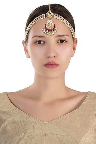 Gold plated pink and white stone mathapatti by Riana Jewellery