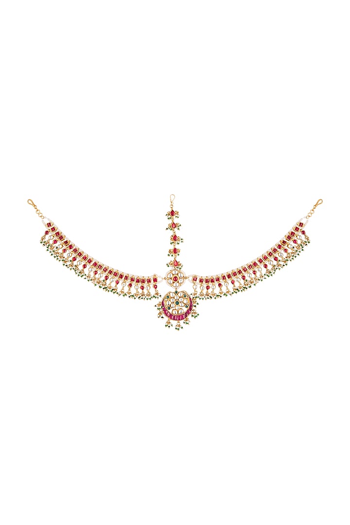 Gold Plated Matha Patti With Green Bead Hangings by Riana Jewellery at Pernia's Pop Up Shop