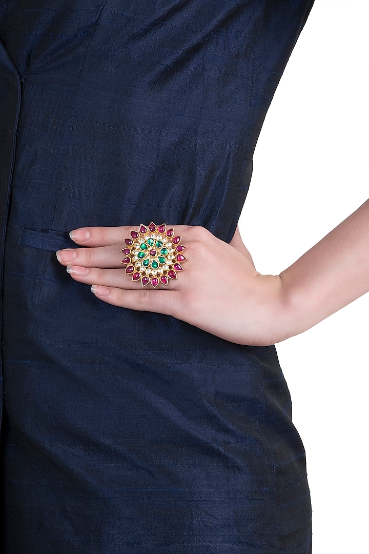 Gold plated green and pink floral ring by RIANA JEWELLERY