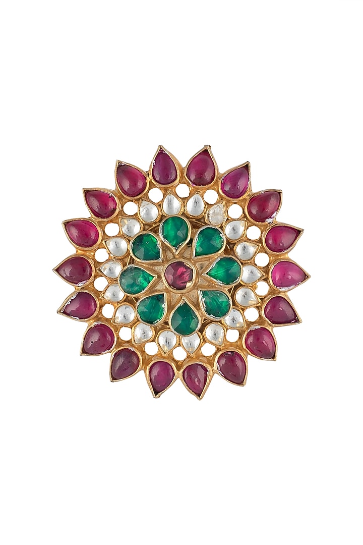 Gold plated green and pink floral ring by RIANA JEWELLERY at Pernia's Pop Up Shop