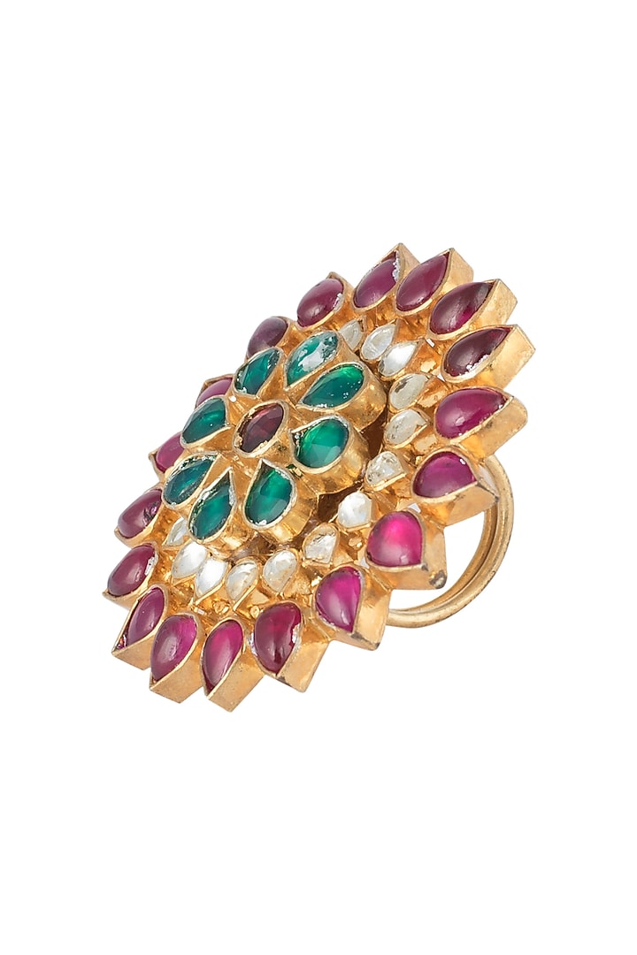 Gold plated green and pink floral ring by RIANA JEWELLERY at Pernia's Pop Up Shop