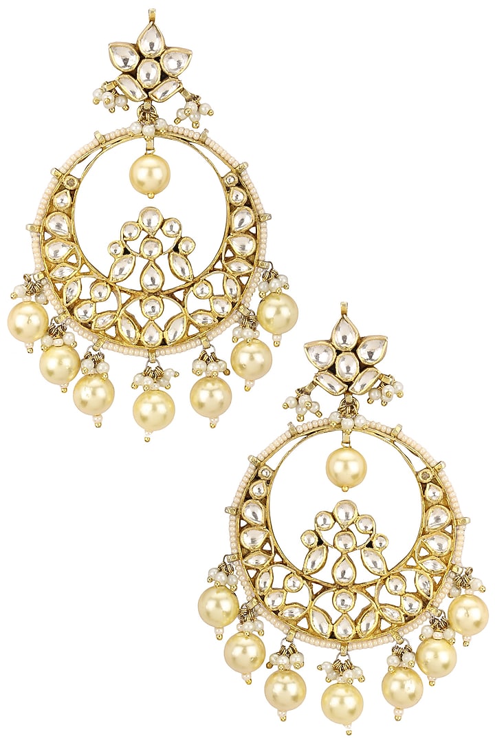 Raina Jewels presents Gold plated pink and white jadtar stones chandbali earrings available only at Pernia's Pop Up Shop.