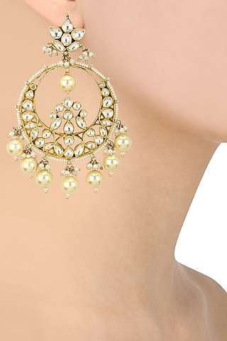 Gold Plated Pink and White Jadtar Stones Chandbali Earrings by Riana Jewellery