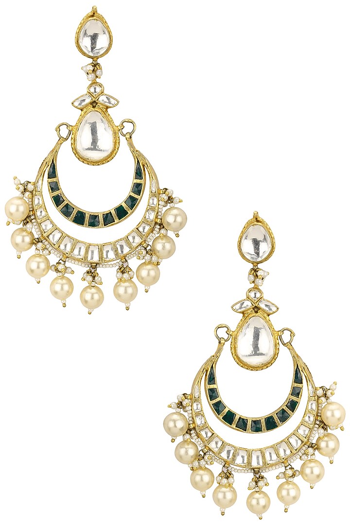 Raina Jewels presents Gold plated white and green jadtar stones crescent earrings available only at Pernia's Pop Up Shop.