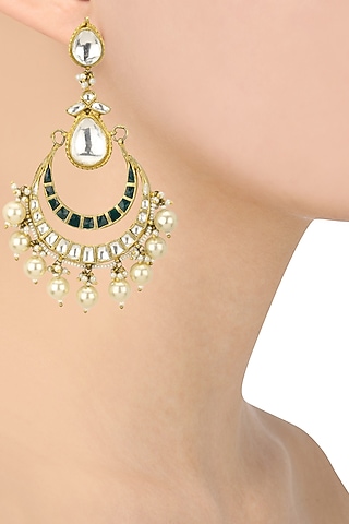 Gold Plated White and Green Jadtar Stones Crescent Earrings by Riana Jewellery