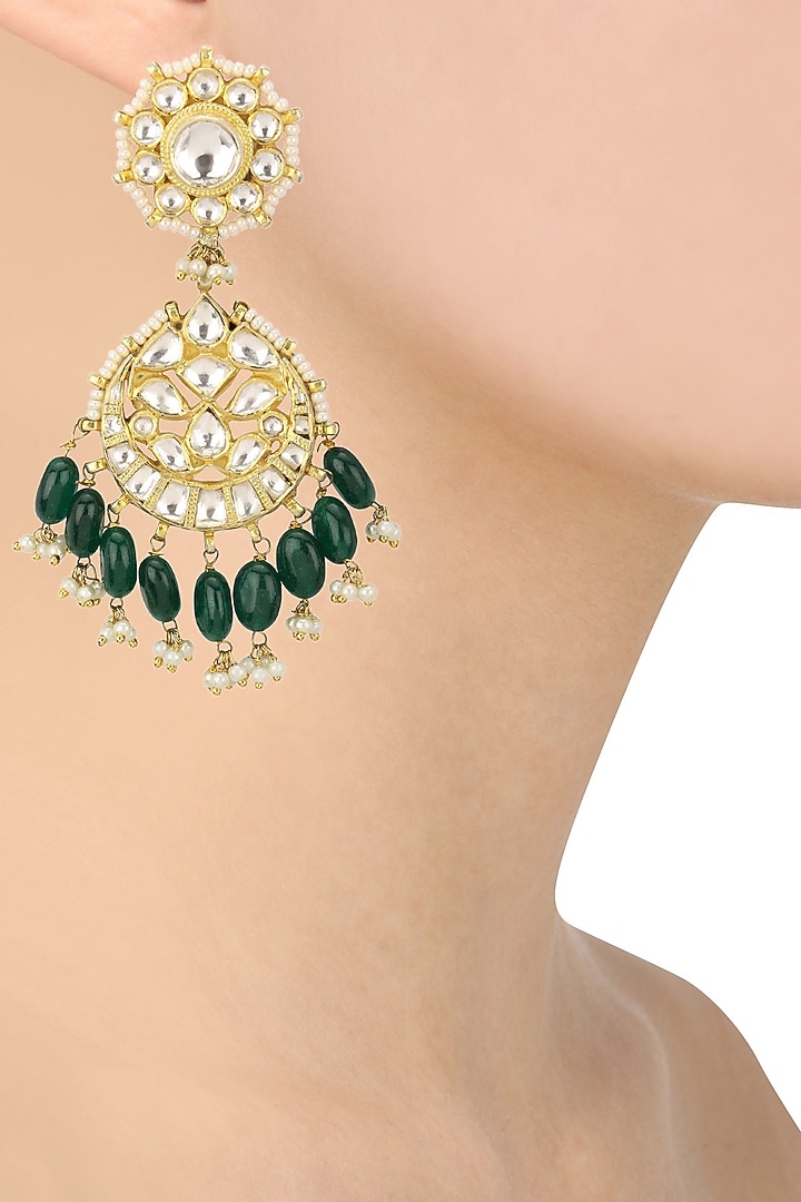 Raina Jewels presents Gold plated pearl and jadtar stones earrings available only at Pernia's Pop Up Shop.