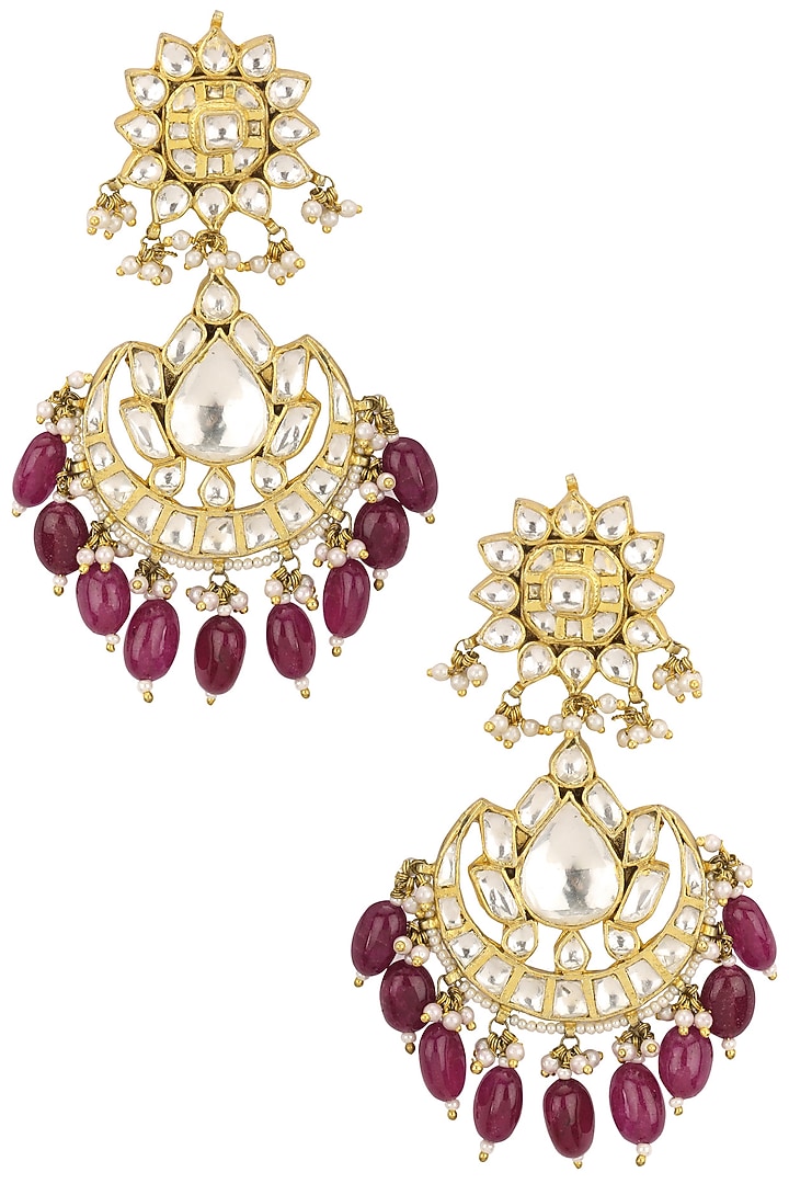 Raina Jewellery: Buy Raina Jewels Gold plated jadtar stones and pearl chandbali earrings at Pernia's Pop Up Shop.