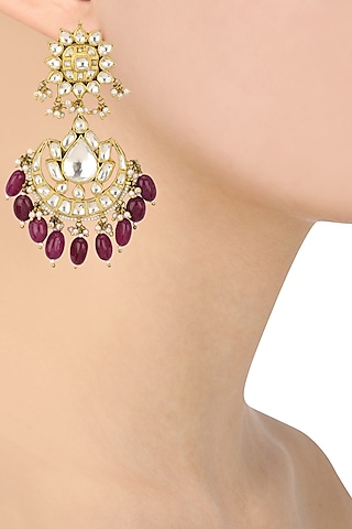 Gold Plated Jadtar Stones and Pearl Chandbali Earrings by Riana Jewellery