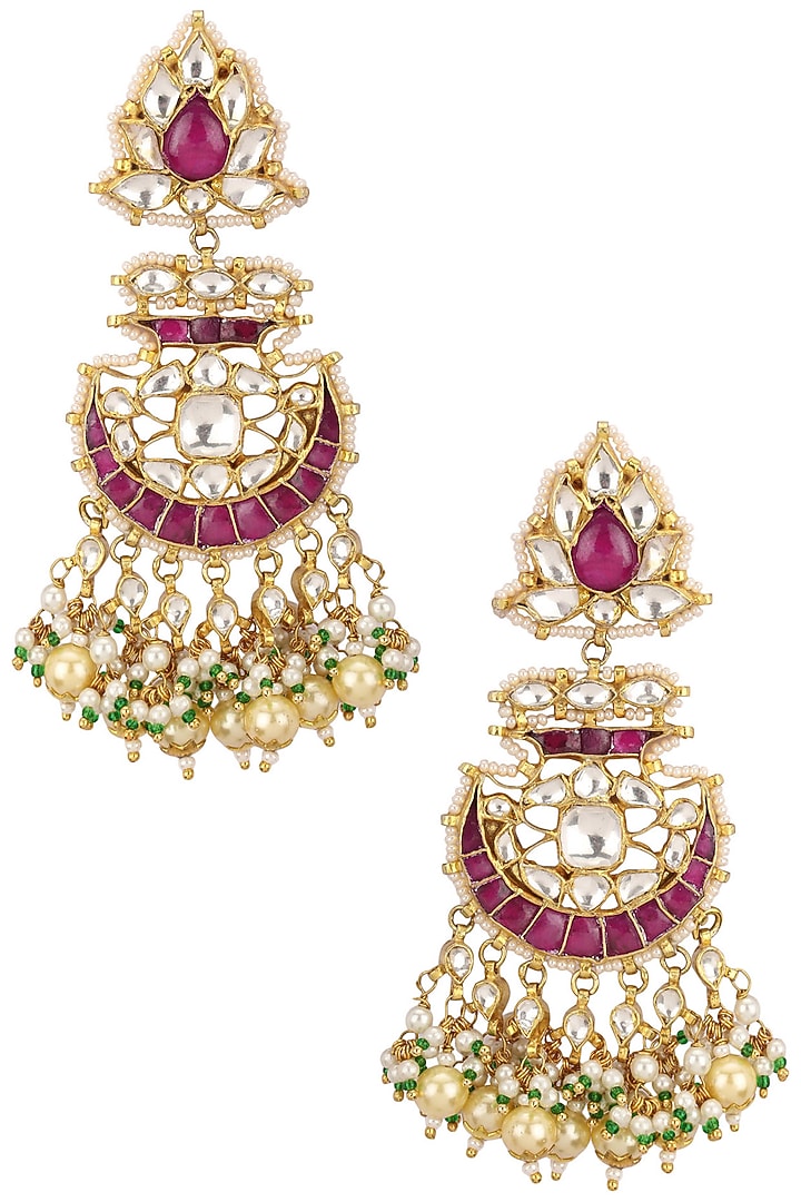 Raina Jewels presents Gold plated pink and white jadtar stone curved shape earrings available only at Pernia's Pop Up Shop.