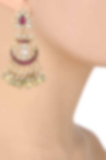 Raina Jewels presents Gold plated pink and white jadtar stone curved shape earrings available only at Pernia's Pop Up Shop.