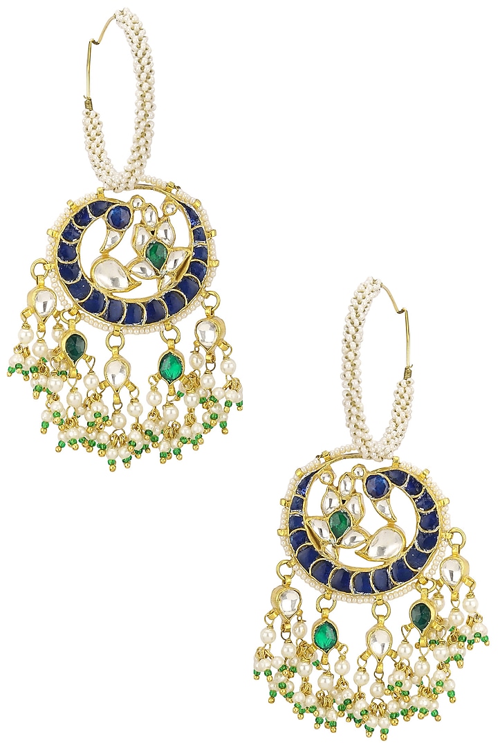 Raina Jewels presents Gold plated blue and white jadtar stone hoop earrings available only at Pernia's Pop Up Shop.