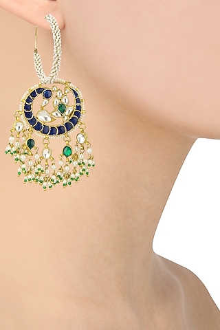 Gold Plated Blue and White Jadtar Stone Hoop Earrings by Riana Jewellery