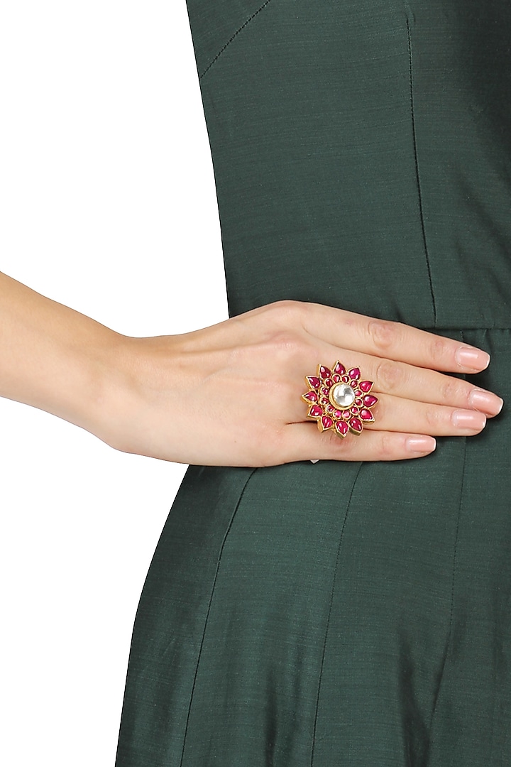 Gold Plated Pink Jadtar Stone Flower Ring by Riana Jewellery