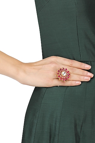 Gold Plated Pink Jadtar Stone Flower Ring by Riana Jewellery