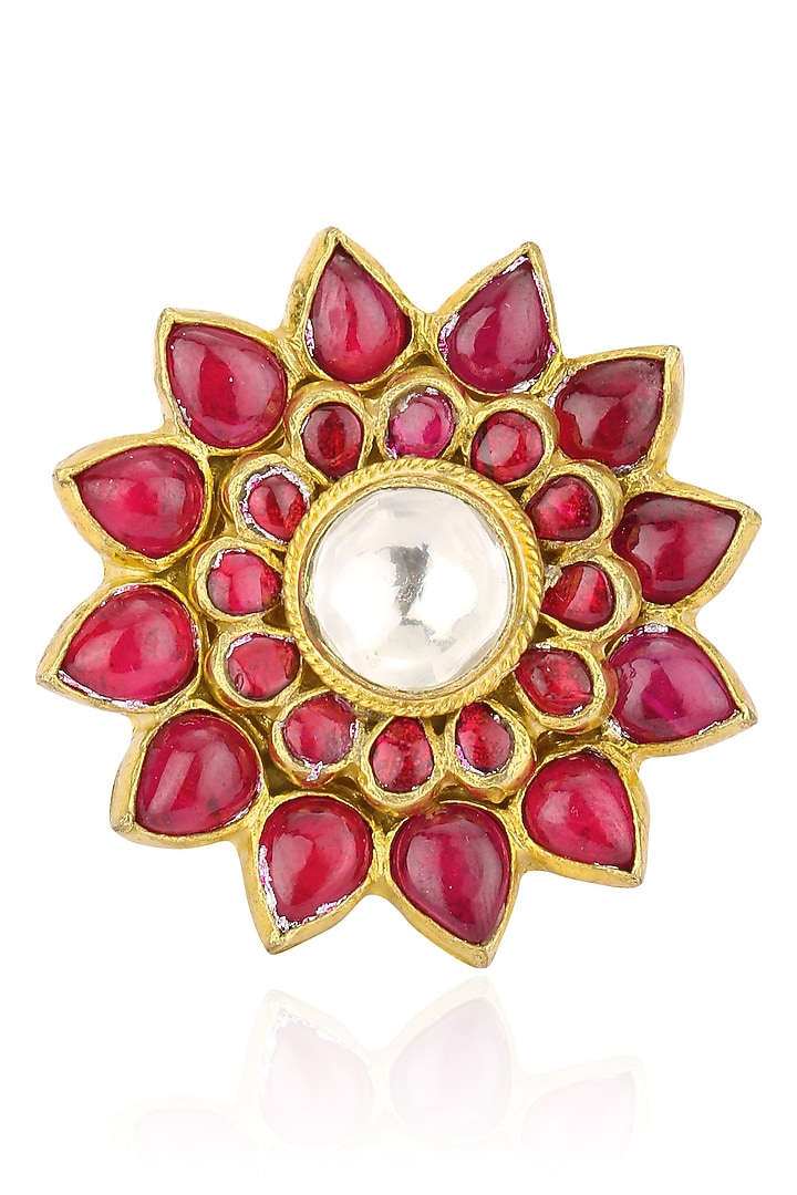 Raina Jewels presents Gold plated pink jadtar stone flower ring available only at Pernia's Pop Up Shop.
