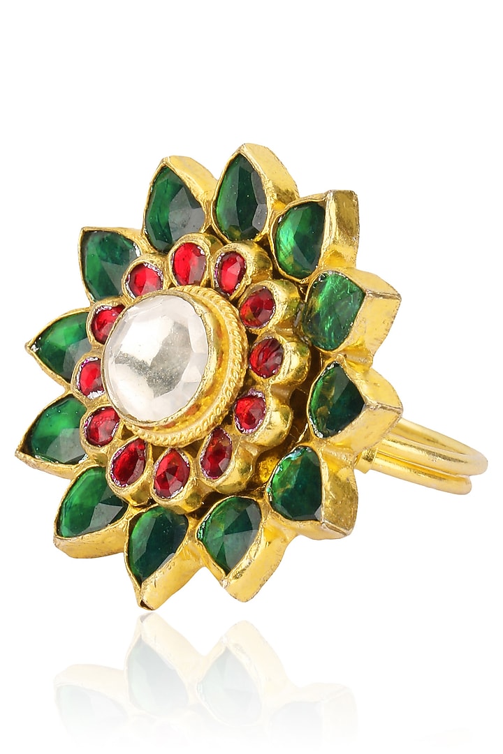 Raina Jewels presents Gold plated pink and green jadtar stone flower ring available only at Pernia's Pop Up Shop.