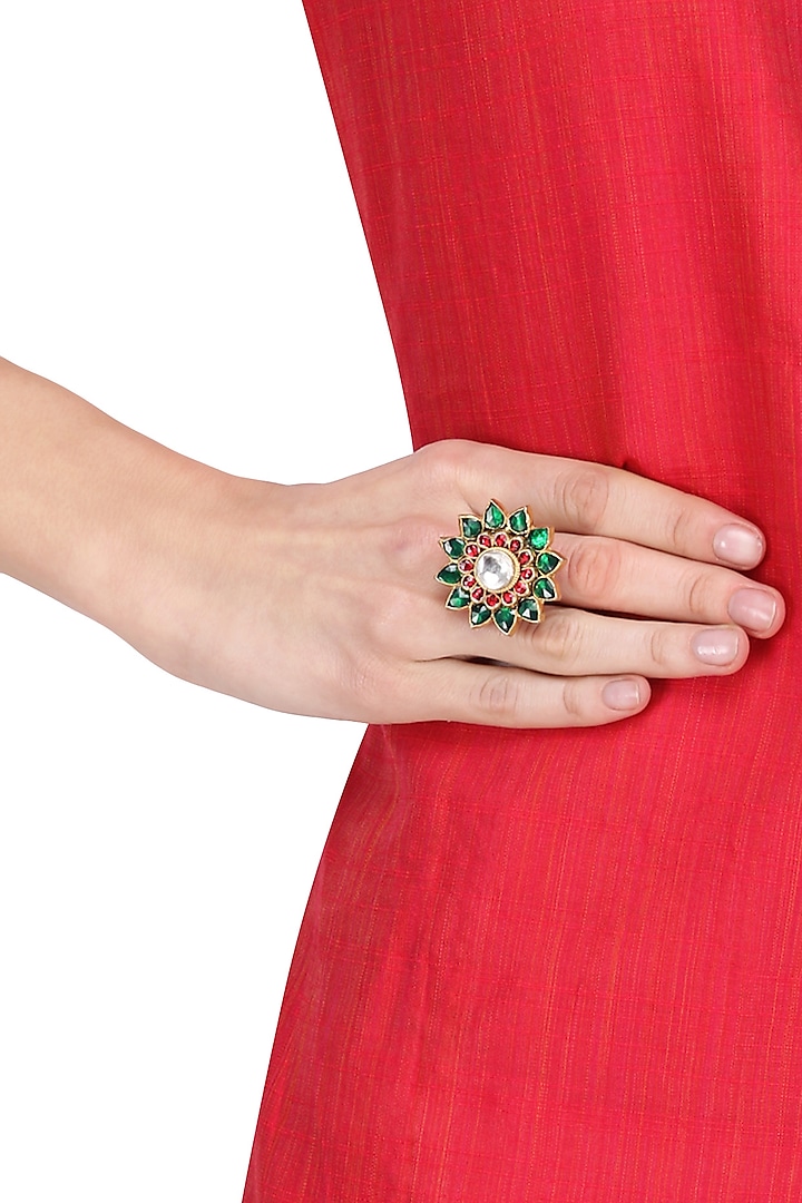 Gold Plated Pink and Green Jadtar Stone Flower Ring by Riana Jewellery