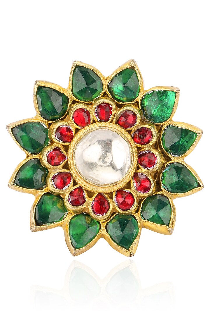 Raina Jewels presents Gold plated pink and green jadtar stone flower ring available only at Pernia's Pop Up Shop.