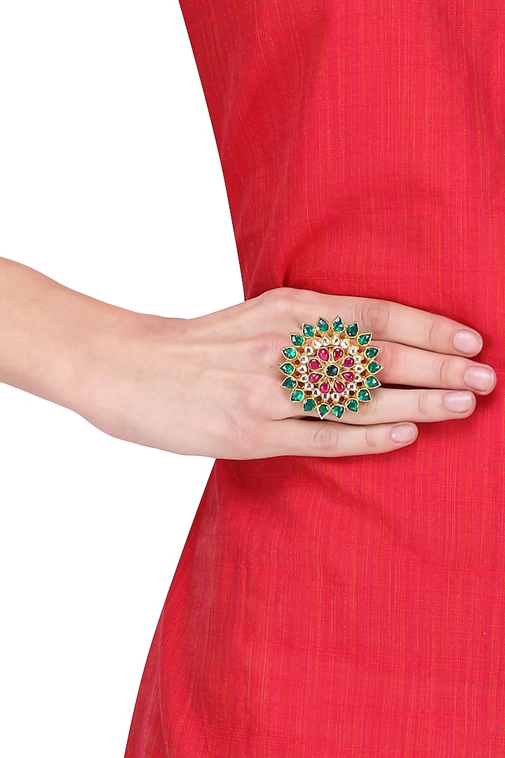 Gold Plated Pink, Green and White Stone Flower Ring by Riana Jewellery