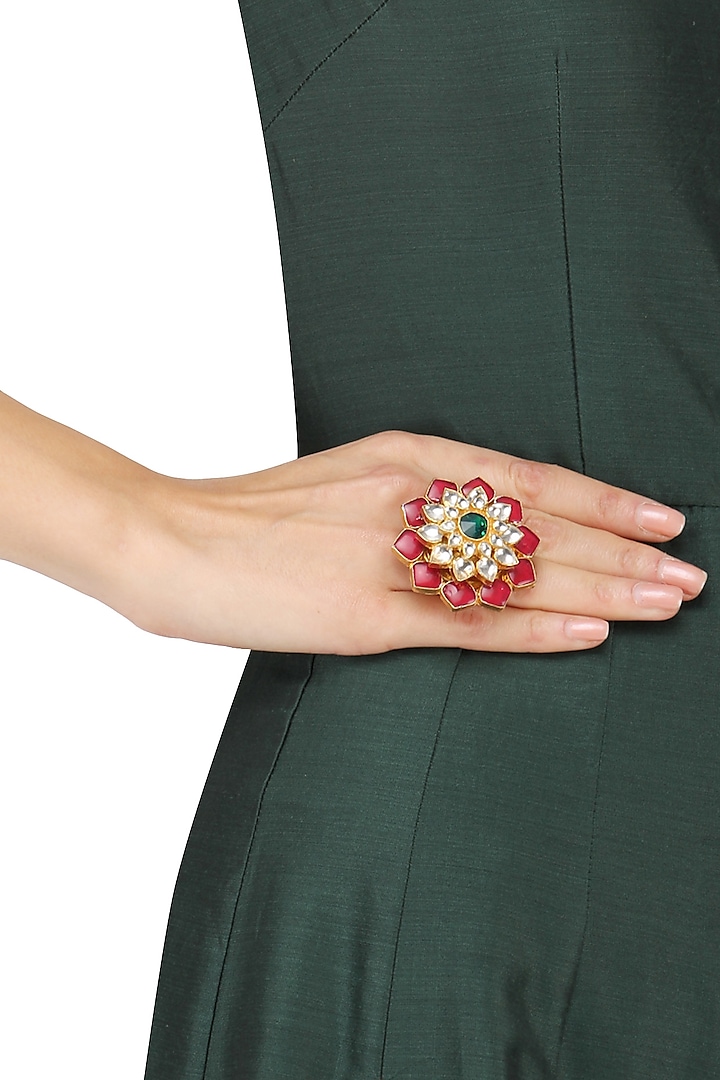 Gold Plated Small Jadtar Stone Flower Ring by Riana Jewellery