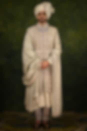 Cloud Green Raw Silk Embroidered Groom Sherwani Set by Rachit Khanna Men at Pernia's Pop Up Shop