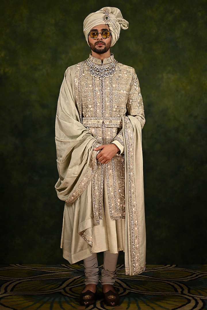 Cloud Green Raw Silk Embroidered Groom Sherwani Set by Rachit Khanna Men at Pernia's Pop Up Shop