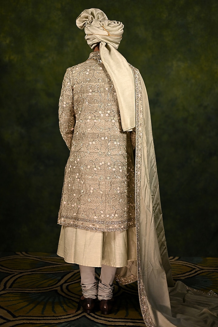 Cloud Green Raw Silk Embroidered Groom Sherwani Set by Rachit Khanna Men at Pernia's Pop Up Shop