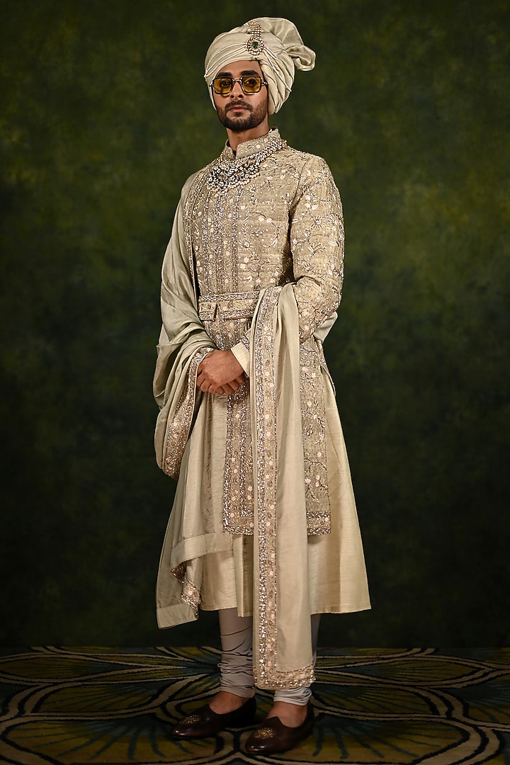 Cloud Green Raw Silk Embroidered Groom Sherwani Set by Rachit Khanna Men at Pernia's Pop Up Shop