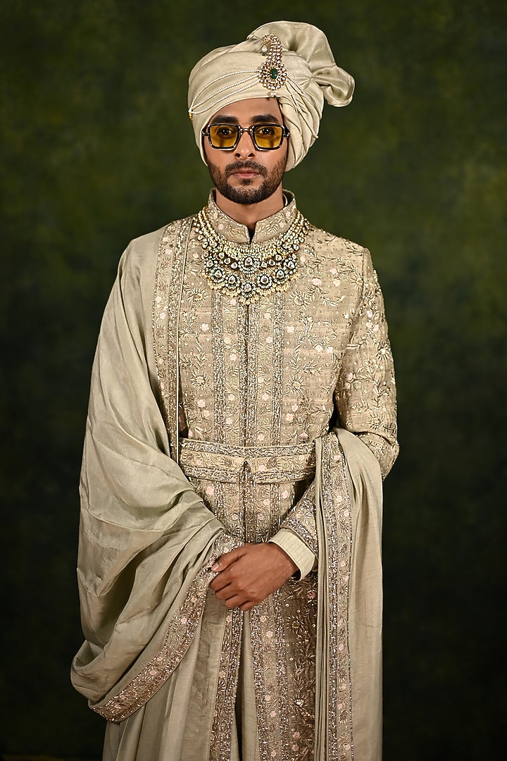 Cloud Green Raw Silk Embroidered Groom Sherwani Set by Rachit Khanna Men at Pernia's Pop Up Shop