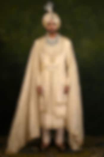 Gold Tissue Zari Crepe Embroidered Angrakha Groom Sherwani Set by Rachit Khanna Men at Pernia's Pop Up Shop