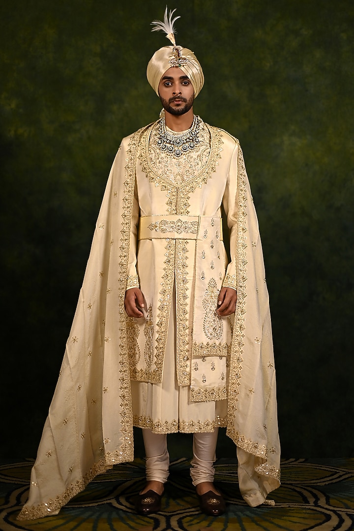 Gold Tissue Zari Crepe Embroidered Angrakha Groom Sherwani Set by Rachit Khanna Men at Pernia's Pop Up Shop