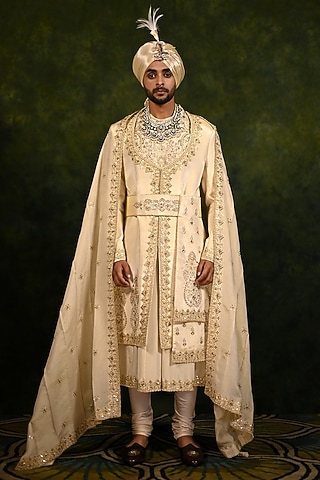 Gold Tissue Zari Crepe Embroidered Angrakha Sherwani Set by Rachit Khanna Men