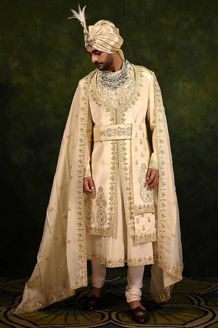 Gold Tissue Zari Crepe Embroidered Angrakha Groom Sherwani Set by Rachit Khanna Men at Pernia's Pop Up Shop
