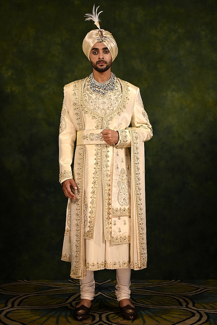 Gold Tissue Zari Crepe Embroidered Angrakha Groom Sherwani Set by Rachit Khanna Men at Pernia's Pop Up Shop