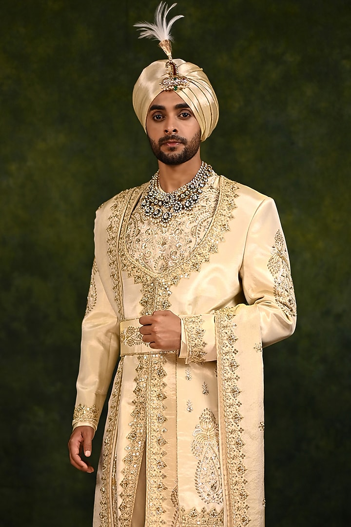 Gold Tissue Zari Crepe Embroidered Angrakha Groom Sherwani Set by Rachit Khanna Men at Pernia's Pop Up Shop