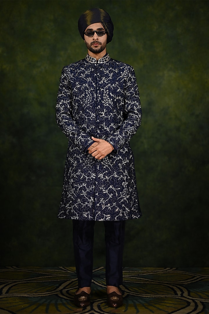 Navy Raw Silk Embroidered Groom Sherwani Set by Rachit Khanna Men at Pernia's Pop Up Shop