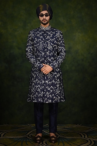 Navy Raw Silk Embroidered Sherwani Set by Rachit Khanna Men