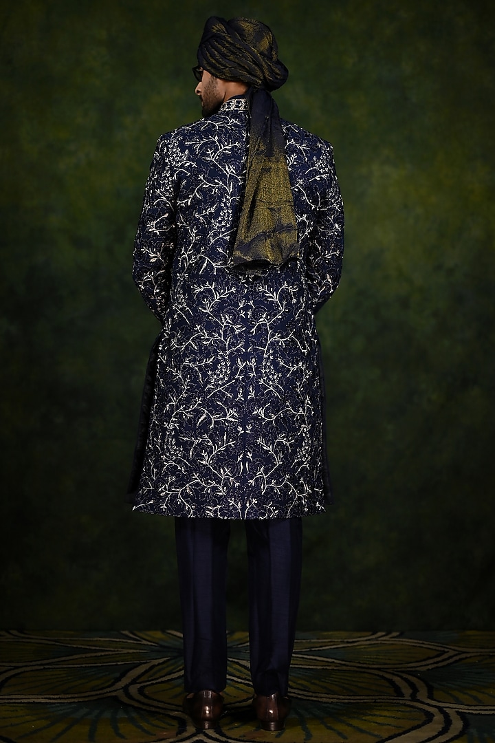 Navy Raw Silk Embroidered Groom Sherwani Set by Rachit Khanna Men at Pernia's Pop Up Shop